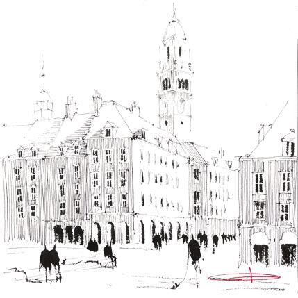 Peinture Grand' Place des promeneurs par Bailly Kévin  | Tableau Figuratif Aquarelle, Encre Architecture, Urbain