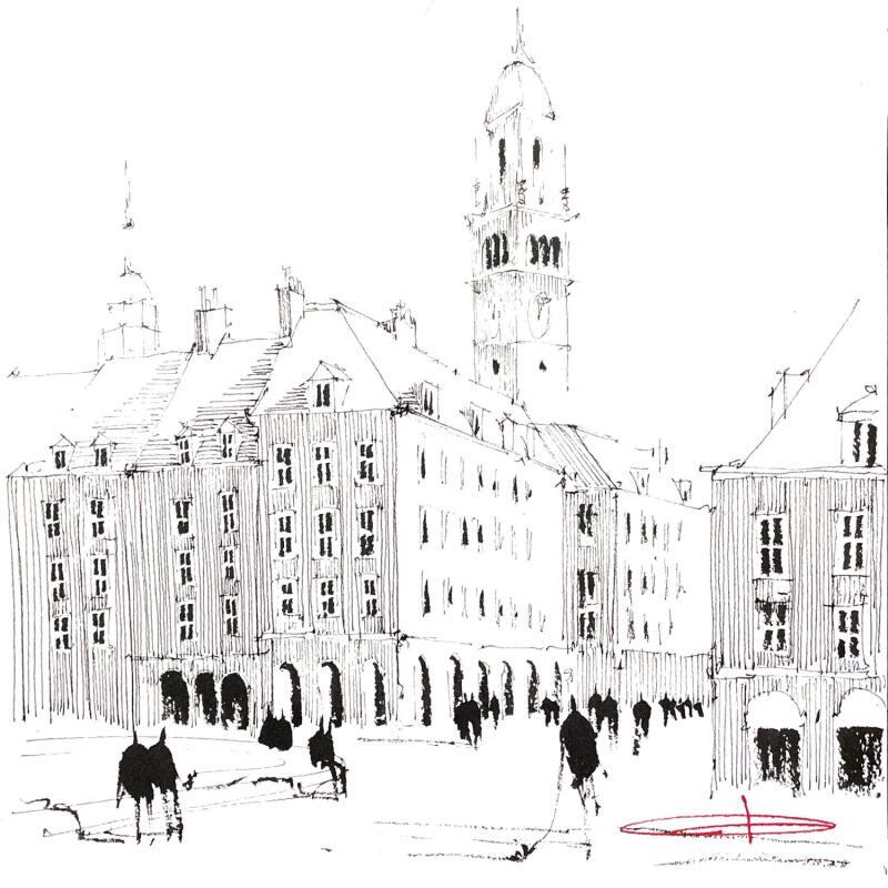 Painting Grand' Place des promeneurs by Bailly Kévin  | Painting Figurative Urban Architecture Watercolor Ink