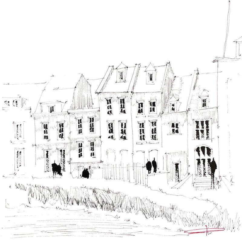 Gemälde Petites maisons dans la Prai'lille von Bailly Kévin  | Gemälde Figurativ Urban Architektur Aquarell Tinte