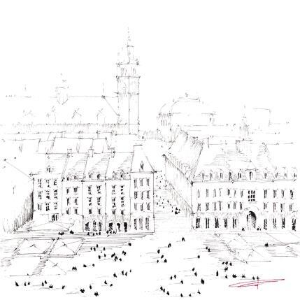 Peinture Vue de pigeon de la Grand'Place par Bailly Kévin  | Tableau Figuratif Aquarelle, Encre Architecture, Urbain