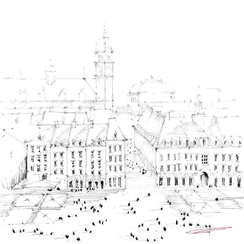 Peinture Vue de pigeon de la Grand'Place par Bailly Kévin  | Tableau Figuratif Urbain Architecture Aquarelle Encre