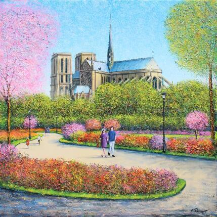 Peinture Le jardin fleuri de notre-dame par Dessapt Elika | Tableau Impressionnisme Acrylique, Sable