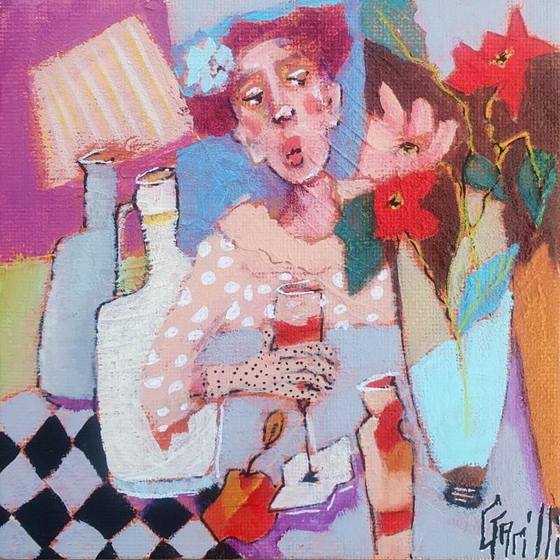 Peinture champagne and flowers for the lady.  par Garilli Nicole | Tableau Figuratif Scènes de vie Acrylique