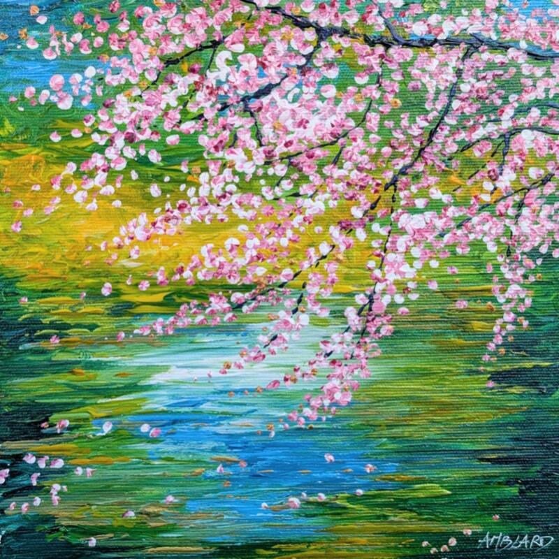 Painting  fleurs de cerisier au bord de l'étang by Amblard Florence | Painting Impressionism Nature Acrylic