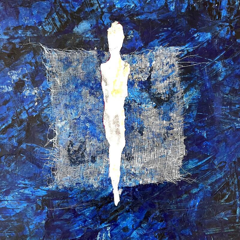 Peinture Blue Night par Rocco Sophie | Tableau Art Singulier Acrylique Collage Sable