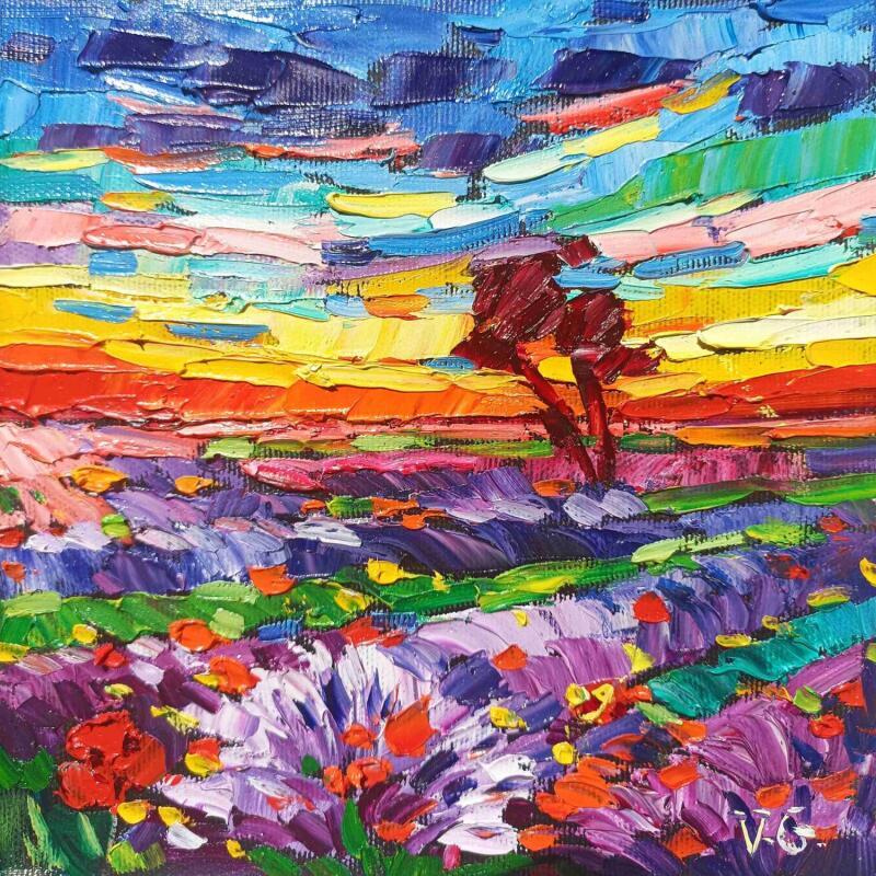 Peinture Violet fields at sunset par Georgieva Vanya | Tableau Figuratif Paysages Huile