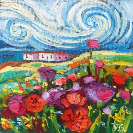 Peinture Red fields under Gogh sky  par Georgieva Vanya | Tableau Figuratif Huile Paysages