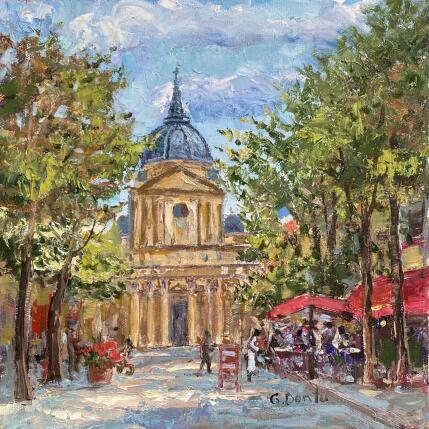 Peinture Le café sur la place de La Sorbonne par Dontu Grigore | Tableau Figuratif Huile Urbain