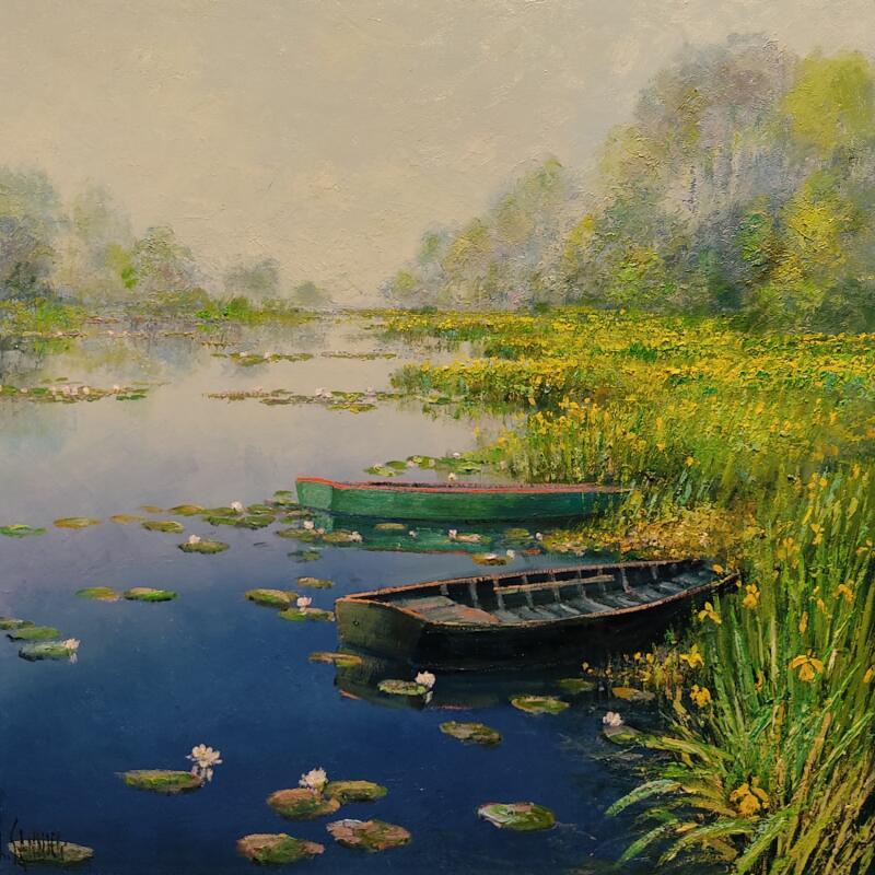 Painting Deux barques dans le grand étang by Sannier Daniel | Painting Impressionism Landscapes Oil