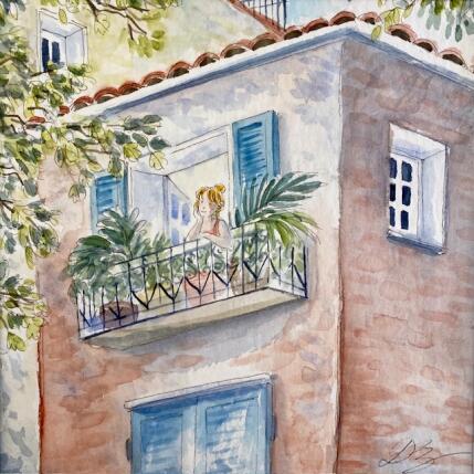Peinture Au balcon par Balme Delphine | Tableau Art naïf Aquarelle Scènes de vie