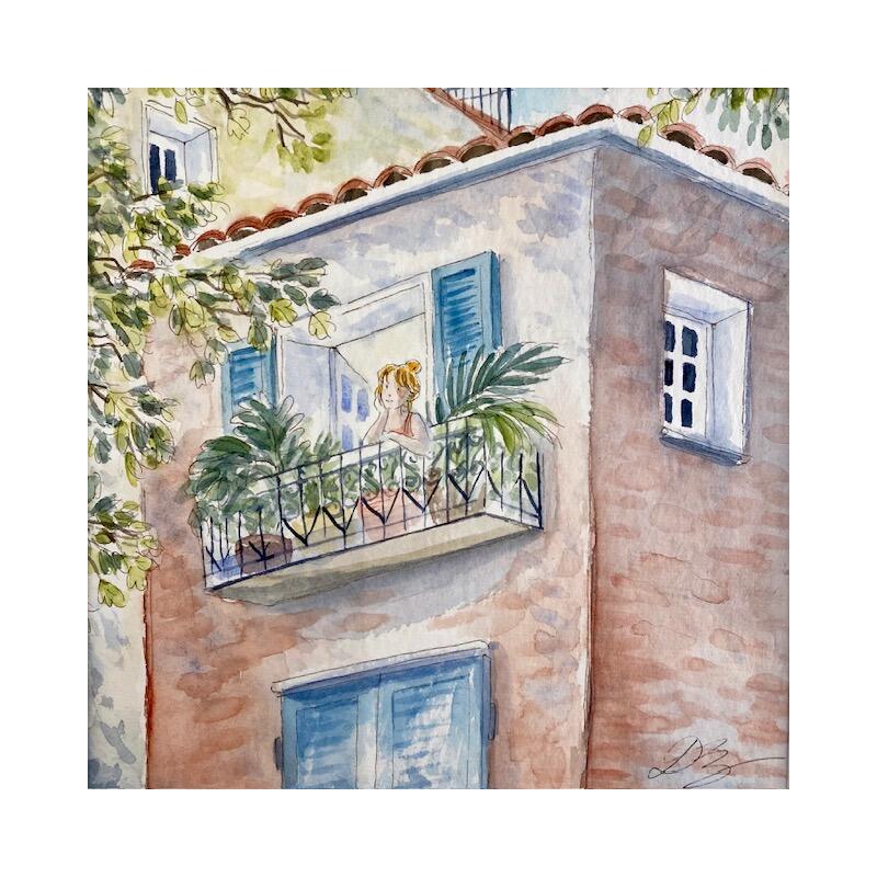 Painting Au balcon by Balme Delphine | Painting Naive art Life style Watercolor