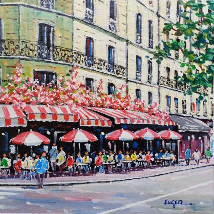 Peinture TERRASSE ANIMEE RUE DE RIVOLI A PARIS par Euger | Tableau Figuratif Acrylique Scènes de vie, Société, Urbain