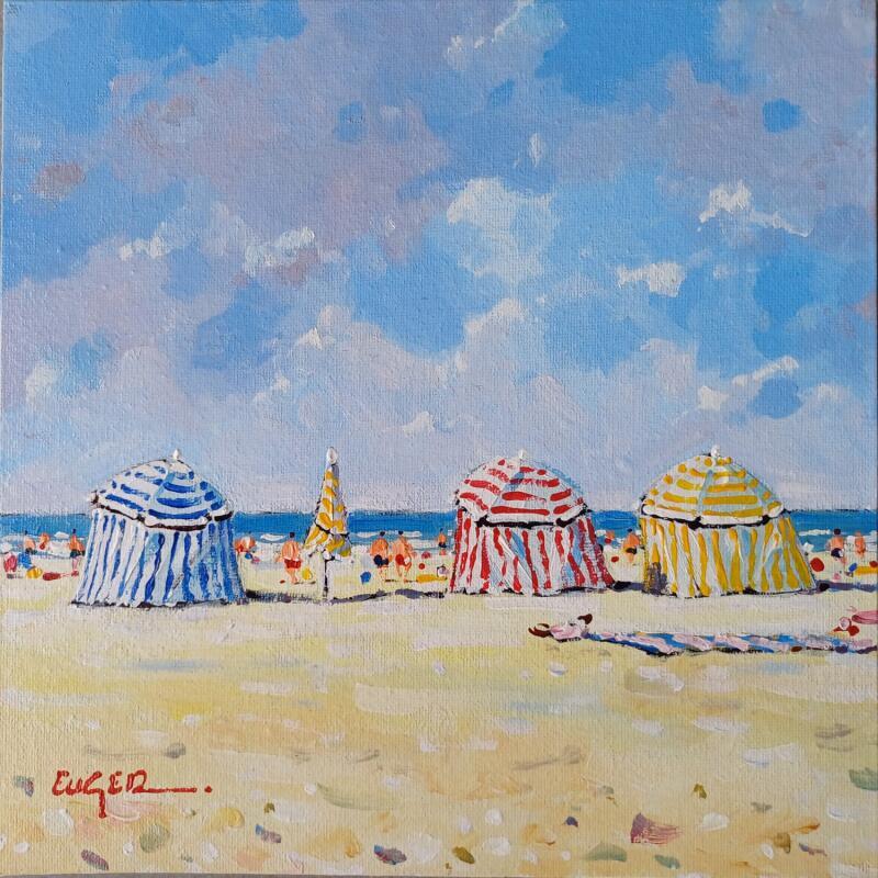 Peinture LES PARASOLS A TROUVILLE  par Euger | Tableau Figuratif Paysages Marine Scènes de vie Acrylique