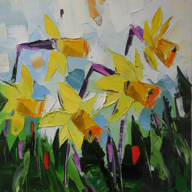 Peinture Yellow Daffodils par Lunetskaya Elena | Tableau Figuratif Paysages Nature Minimaliste Huile