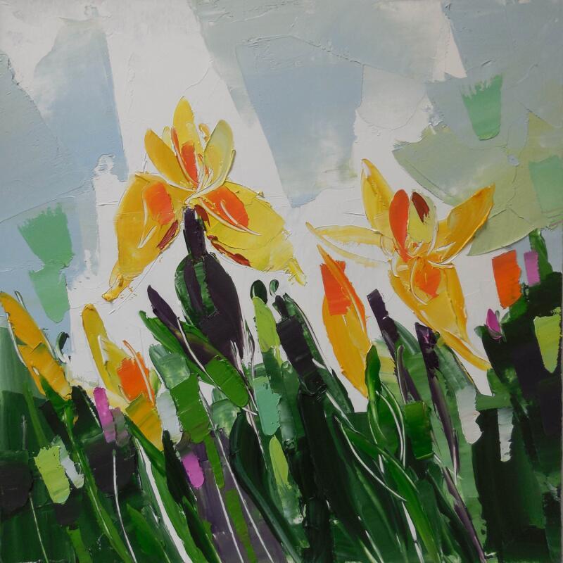 Peinture Yellow irises par Lunetskaya Elena | Tableau Figuratif Paysages Nature Minimaliste Huile