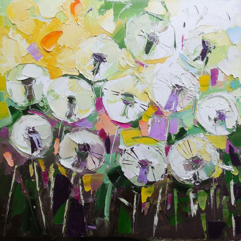 Peinture Sunny Dandelions par Lunetskaya Elena | Tableau Figuratif Paysages Nature Minimaliste Huile