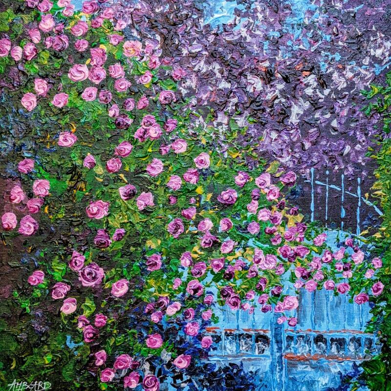 Peinture Roses devant le portail bleu  par Amblard Florence | Tableau Impressionnisme Nature Acrylique