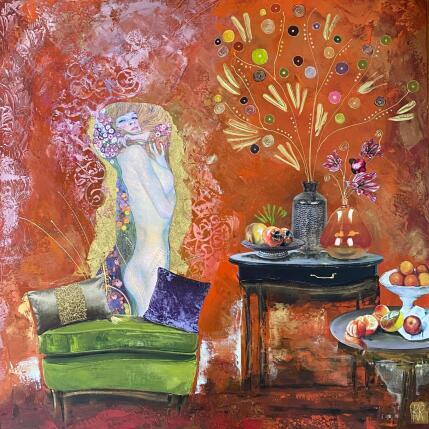 Gemälde La grâce von Romanelli Karine | Gemälde Figurativ Acryl, Blattgold, Collage, Papier, Pastell, Posca Akt, Alltagsszenen