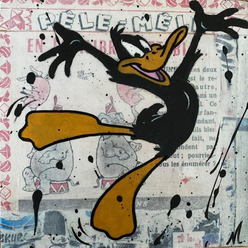 Gemälde F1 Daffy happy von Marie G.  | Gemälde Pop-Art Pop-Ikonen Holz Acryl Collage