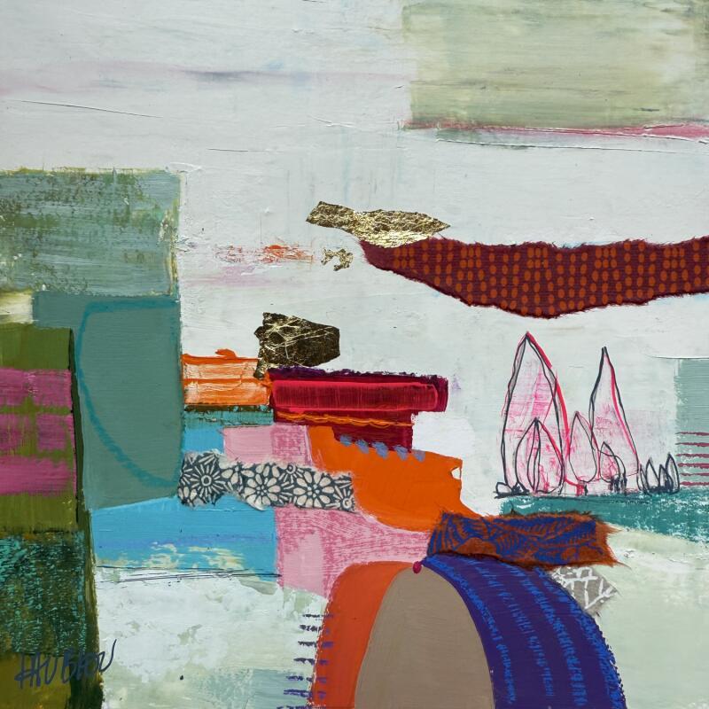 Peinture Cyprès du pont par Lau Blou | Tableau Abstrait Paysages Carton Acrylique Collage