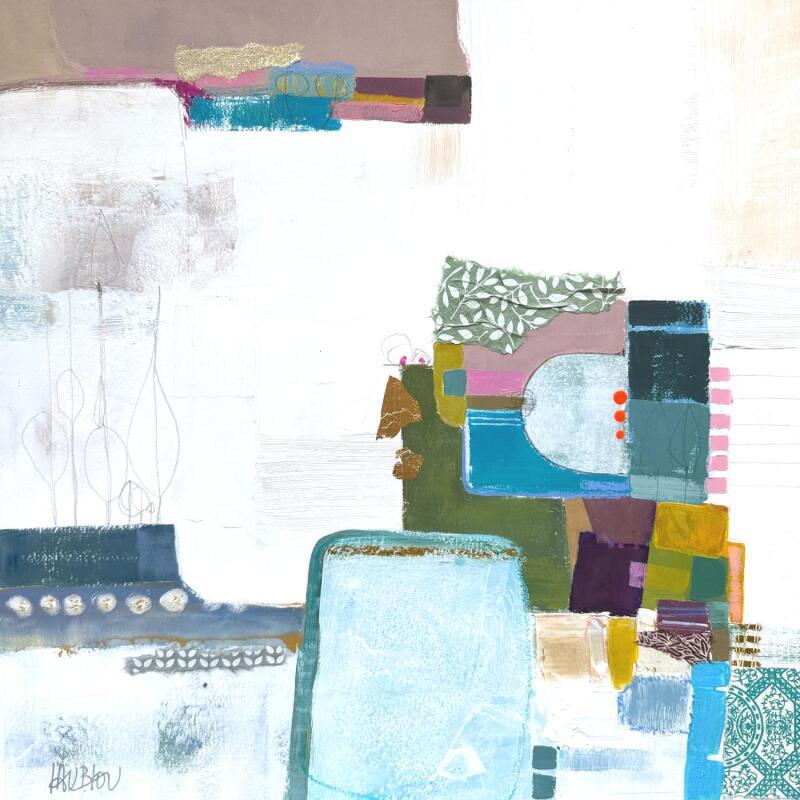 Peinture Matins près des étangs par Lau Blou | Tableau Abstrait Paysages Carton Acrylique Collage