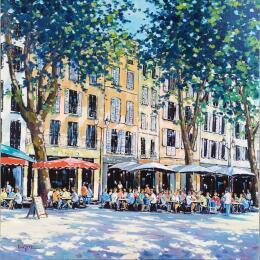 Peinture LES TERRASSES PLACE DE L'HOTEL DE VILLE A AIX EN PROVENCE par Euger | Tableau Figuratif Huile Scènes de vie, Société, Urbain