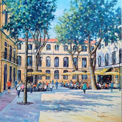 Peinture PLACE DE L'ARCHEVECHE A AIX EN PROVENCE par Euger | Tableau Figuratif Huile Scènes de vie, Société, Urbain