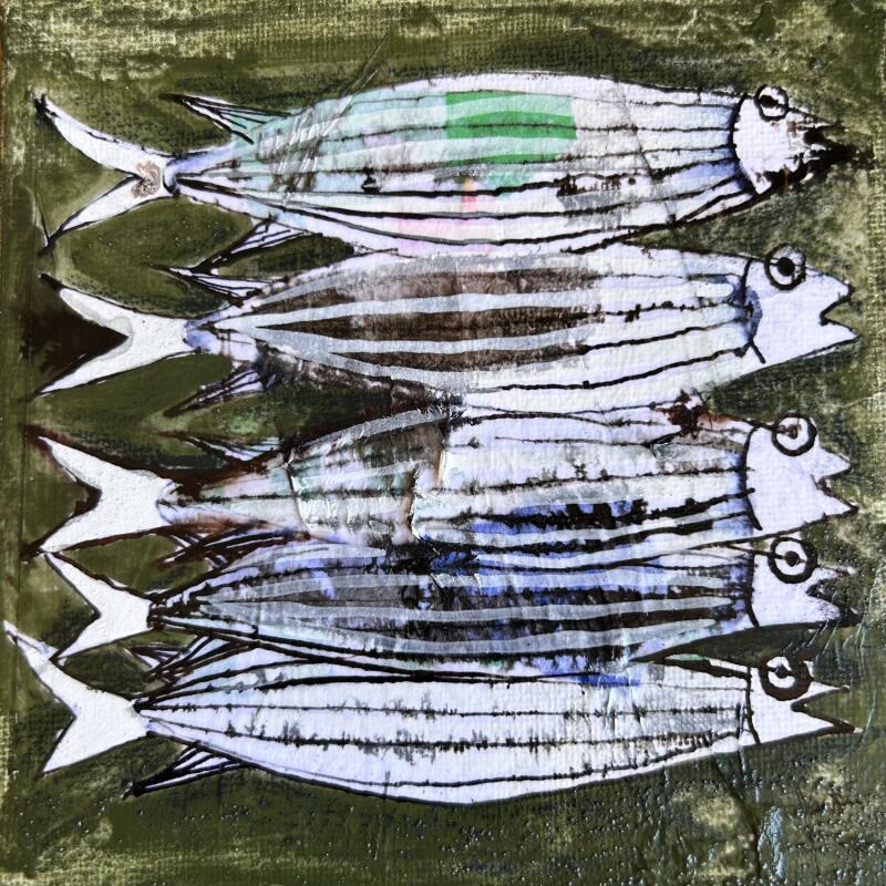 Peinture Sardines par Colombo Cécile | Tableau Art naïf Animaux Acrylique Collage Encre Pastel
