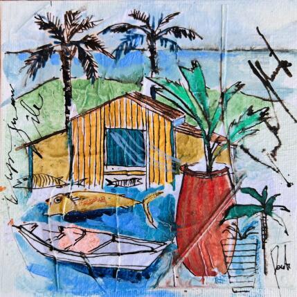 Peinture La case du bord de mer par Colombo Cécile | Tableau Art naïf Acrylique, Aquarelle, Collage, Encre, Pastel Paysages, Scènes de vie