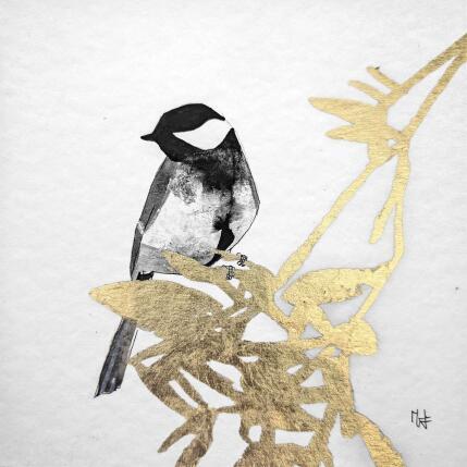 Peinture Mésange, Brindille 1 par Mü | Tableau Figuratif Encre, Feuille d'argent Animaux, Nature, Noir & blanc