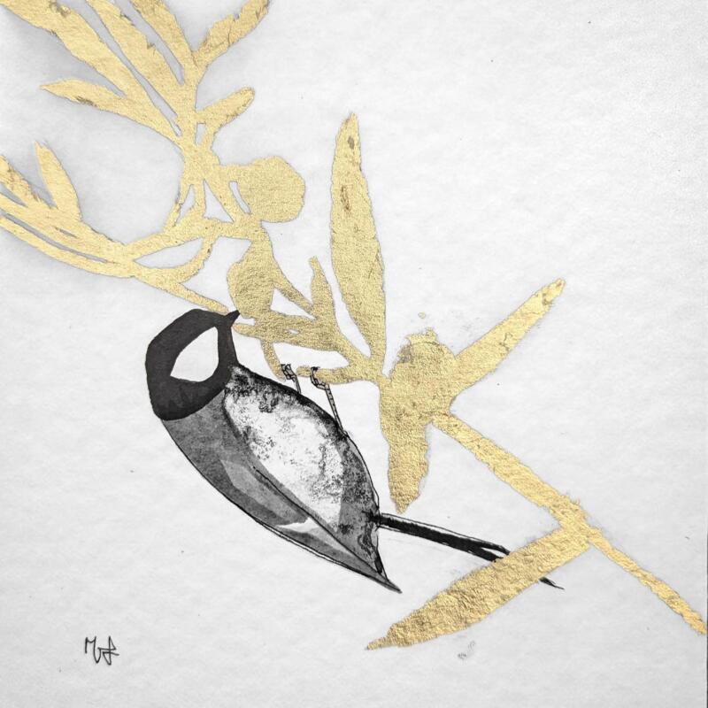 Peinture Mésange, Brindille 2 par Mü | Tableau Figuratif Nature Animaux Noir & blanc Encre Feuille d'or