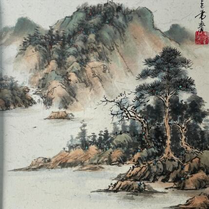 Painting Lakeside by Yu Huan Huan | Painting Figurative Ink, Watercolor Landscapes