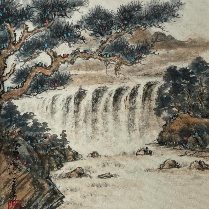 Peinture Waterfall par Yu Huan Huan | Tableau Figuratif Paysages Animaux Aquarelle Encre