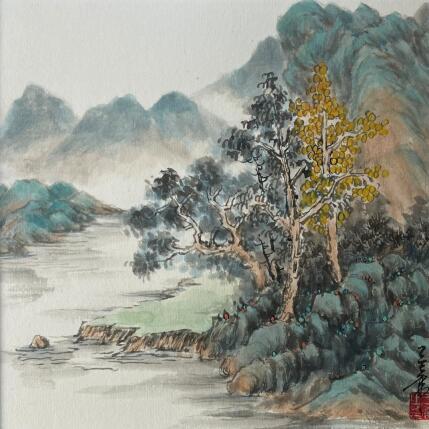 Painting Lake sight by Yu Huan Huan | Painting Figurative Ink, Watercolor Landscapes