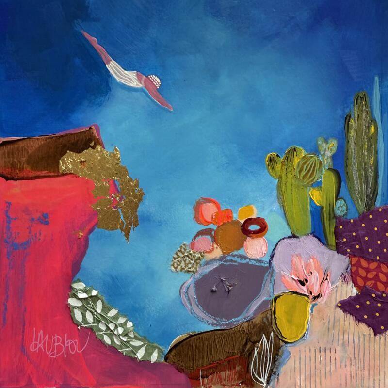 Peinture La plongeuse du ciel par Lau Blou | Tableau Abstrait Carton Acrylique Collage