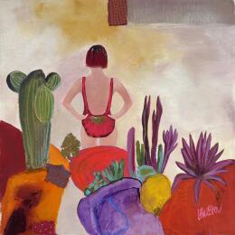 Painting La nageuse des cactus by Lau Blou | Painting Abstract Acrylic, Cardboard, Gluing