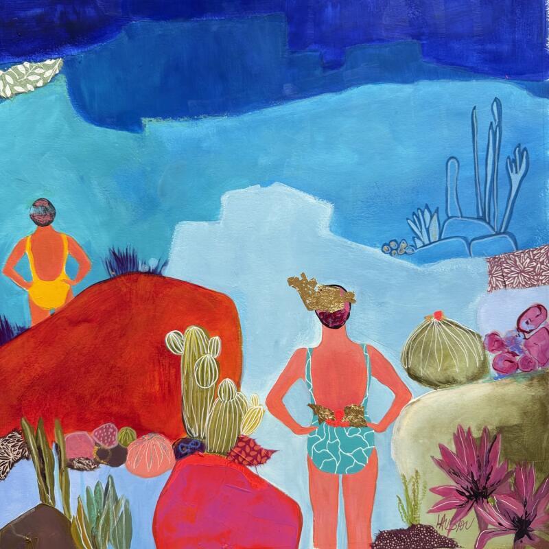 Peinture Dans le grand jardin des cactus par Lau Blou | Tableau Abstrait Carton Acrylique Collage