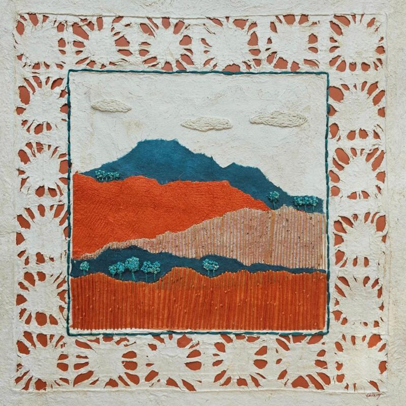 Painting Embroidered Horizon by Vazquez Laila | Painting Figurative Landscapes Watercolor Textile