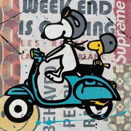 Peinture F4  balade en Vespa par Marie G.  | Tableau Pop-art Acrylique, Bois, Collage Icones Pop