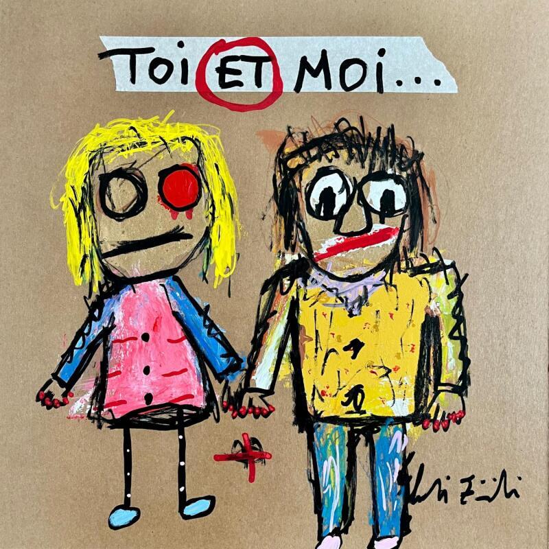 Peinture TOI ET MOI par Zaïdi Larbi | Tableau Art Singulier Scènes de vie Enfant Carton Acrylique Posca Pastel