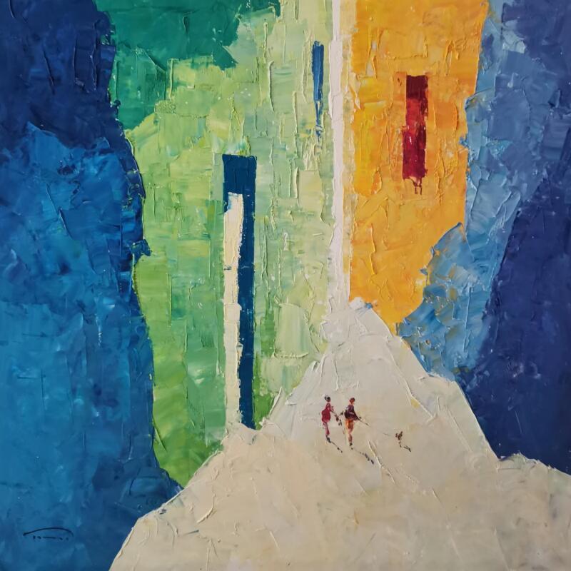 Peinture Donne-moi la main  par Tomàs | Tableau Impressionnisme Société Urbain Scènes de vie Huile