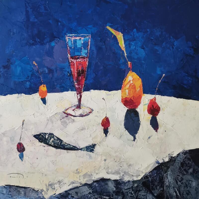 Peinture Sardine avec des cerises par Tomàs | Tableau Impressionnisme Natures mortes Huile