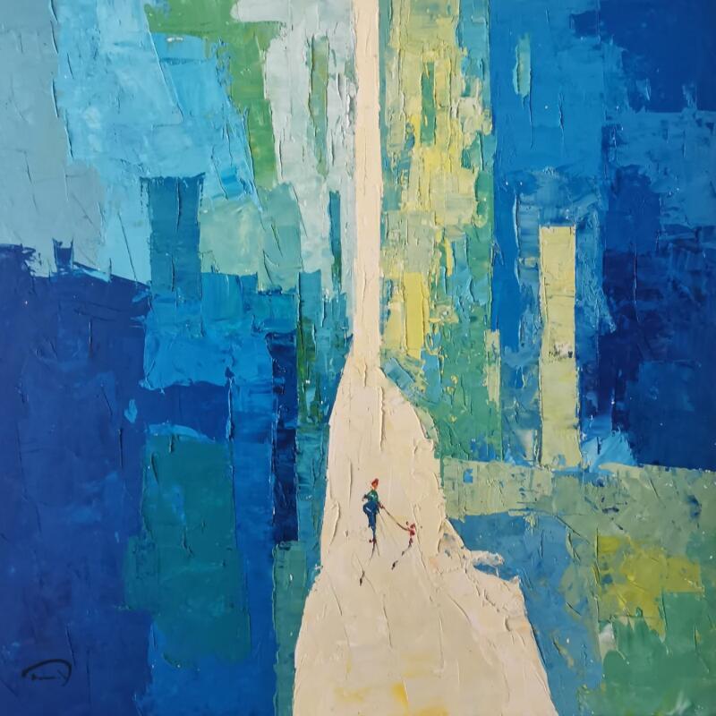 Peinture La noia de verd par Tomàs | Tableau Abstrait Urbain Huile