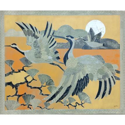 Peinture Trois grues par Devie Bernard  | Tableau Matiérisme Acrylique Animaux