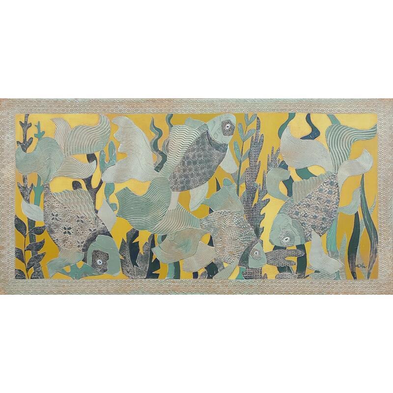 Peinture Quatre carpes chinoises par Devie Bernard  | Tableau Figuratif Animaux Acrylique