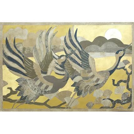 Peinture Deux grues par Devie Bernard  | Tableau Figuratif Acrylique Animaux