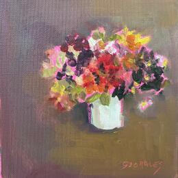 Painting petit bouquet coloré au pot blanc by Morales Géraldine | Painting Figurative Oil Still-life