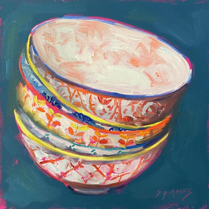Painting 5 bols colorés by Morales Géraldine | Painting Figurative Still-life Oil