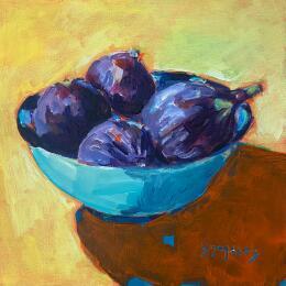 Painting figues au bol bleu by Morales Géraldine | Painting Figurative Acrylic Pop icons, Still-life