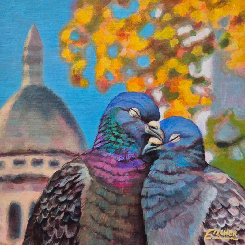 Peinture Roucoulement divin par Emma Fischer | Tableau Figuratif Urbain Animaux Acrylique